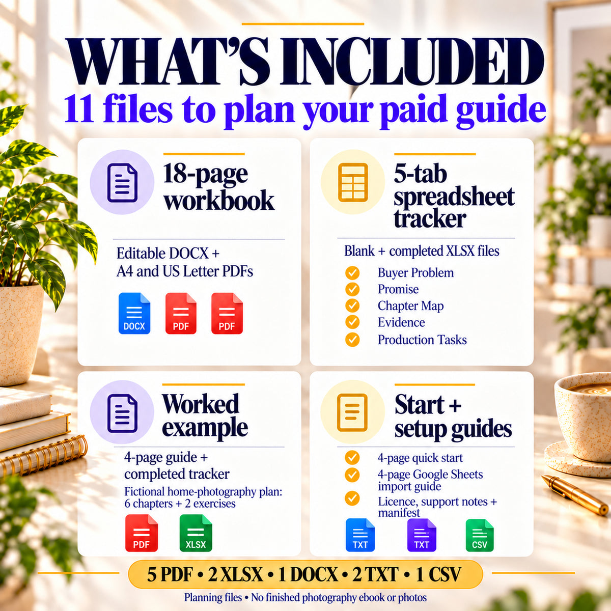 Eleven ebook planning files: editable DOCX, A4 and US Letter PDFs, blank and completed XLSX trackers and setup guides.
