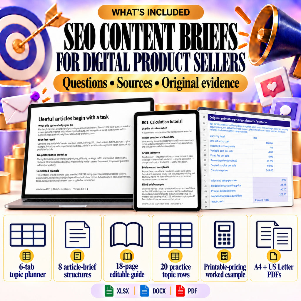Included XLSX topic planner, eight brief structures, DOCX guide, practice topics, pricing example and print PDFs