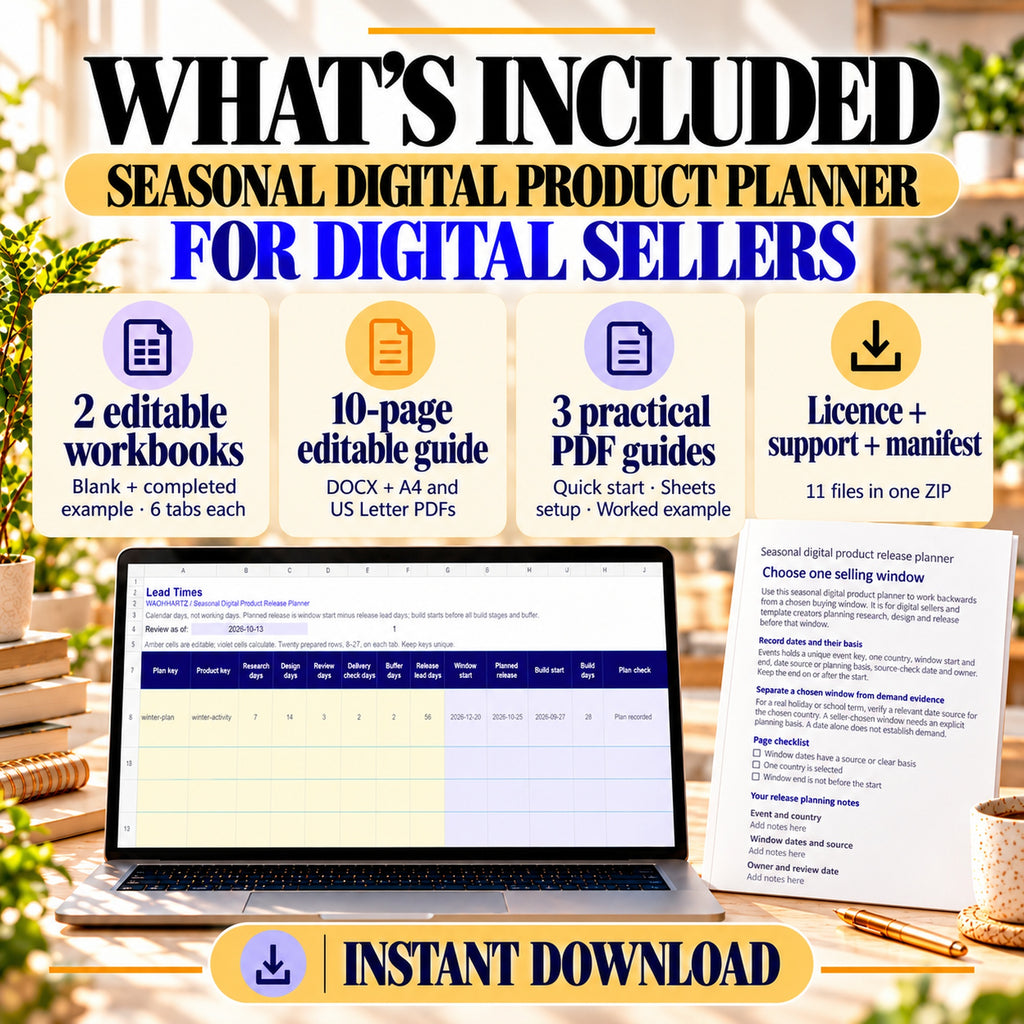 What is included: two workbooks, editable guide, five PDFs, licence, support and manifest in an eleven-file ZIP.