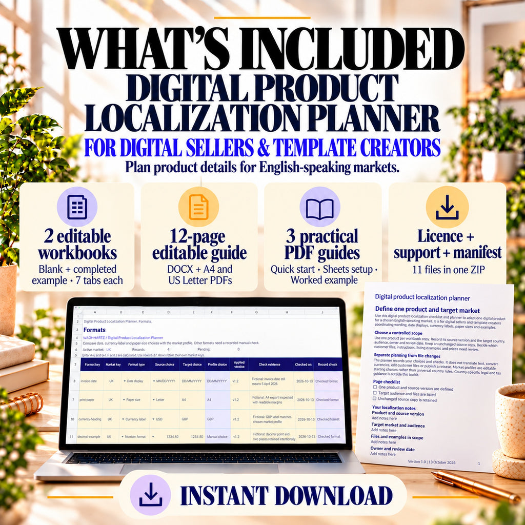 What is included: two workbooks, editable guide, five PDFs, licence, support and manifest in an 11-file ZIP.