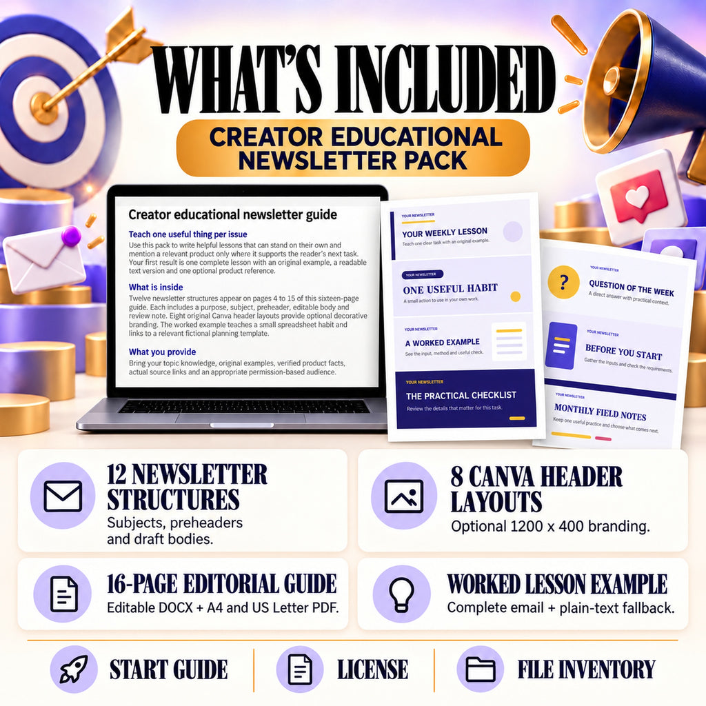Newsletter pack contents: twelve editable writing structures, eight optional Canva headers, a sixteen-page guide and complete text-first example.