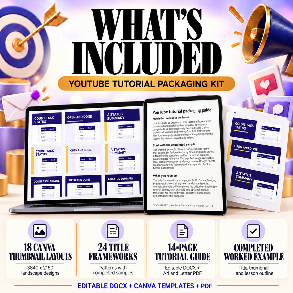 Tutorial packaging contents: eighteen landscape thumbnail layouts, twenty-four title frameworks, a fourteen-page guide and a completed title-thumbnail-outline example.