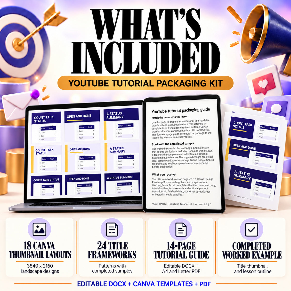 Tutorial packaging contents: eighteen landscape thumbnail layouts, twenty-four title frameworks, a fourteen-page guide and a completed title-thumbnail-outline example.