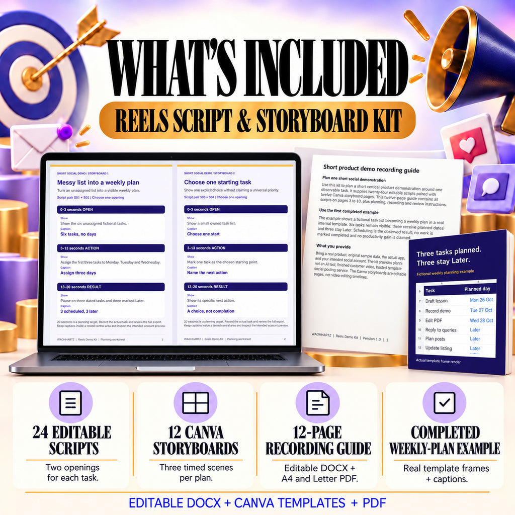 Reels kit contents: twenty-four editable scripts, twelve three-scene Canva storyboards, a twelve-page recording guide and a completed weekly-plan example.