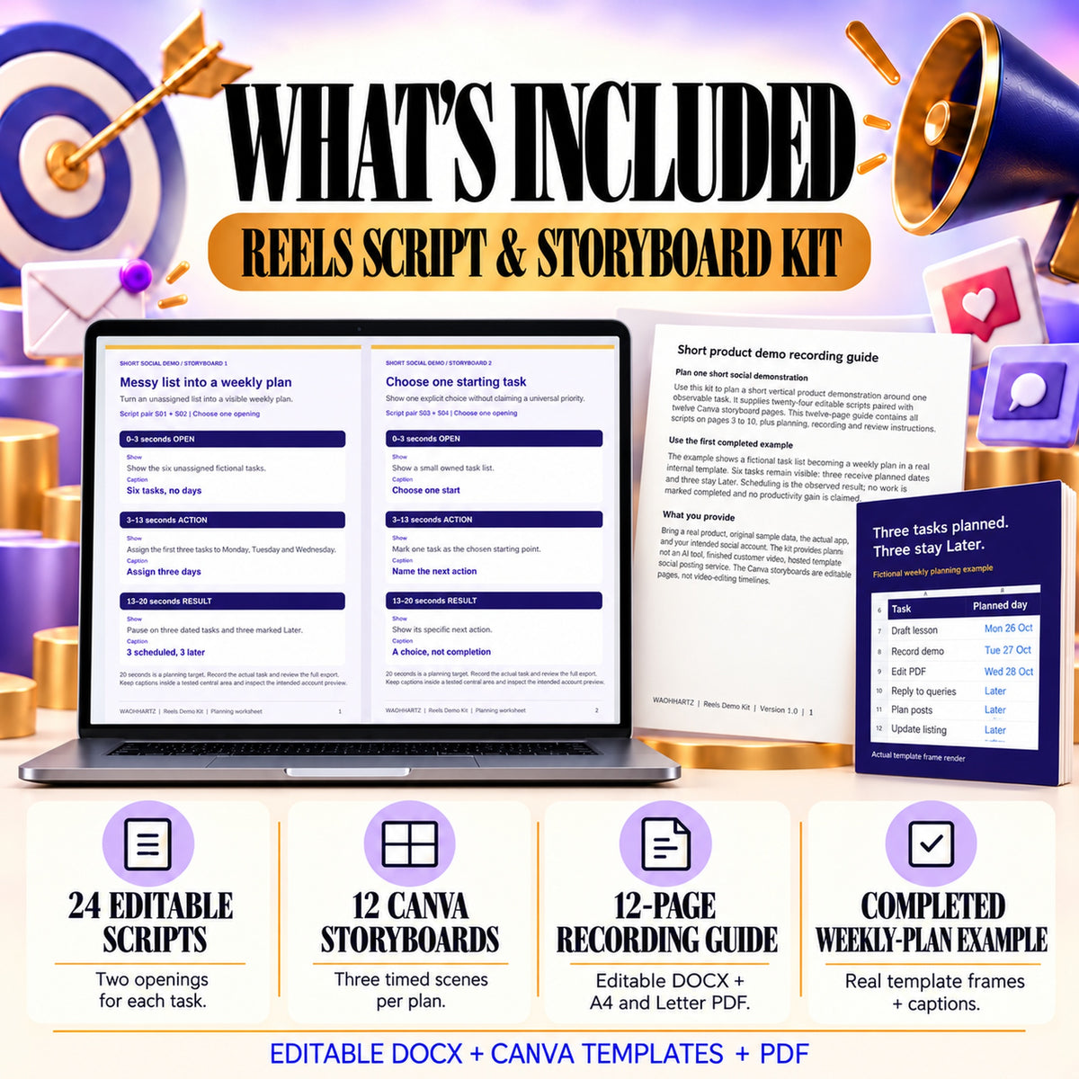 Reels kit contents: twenty-four editable scripts, twelve three-scene Canva storyboards, a twelve-page recording guide and a completed weekly-plan example.