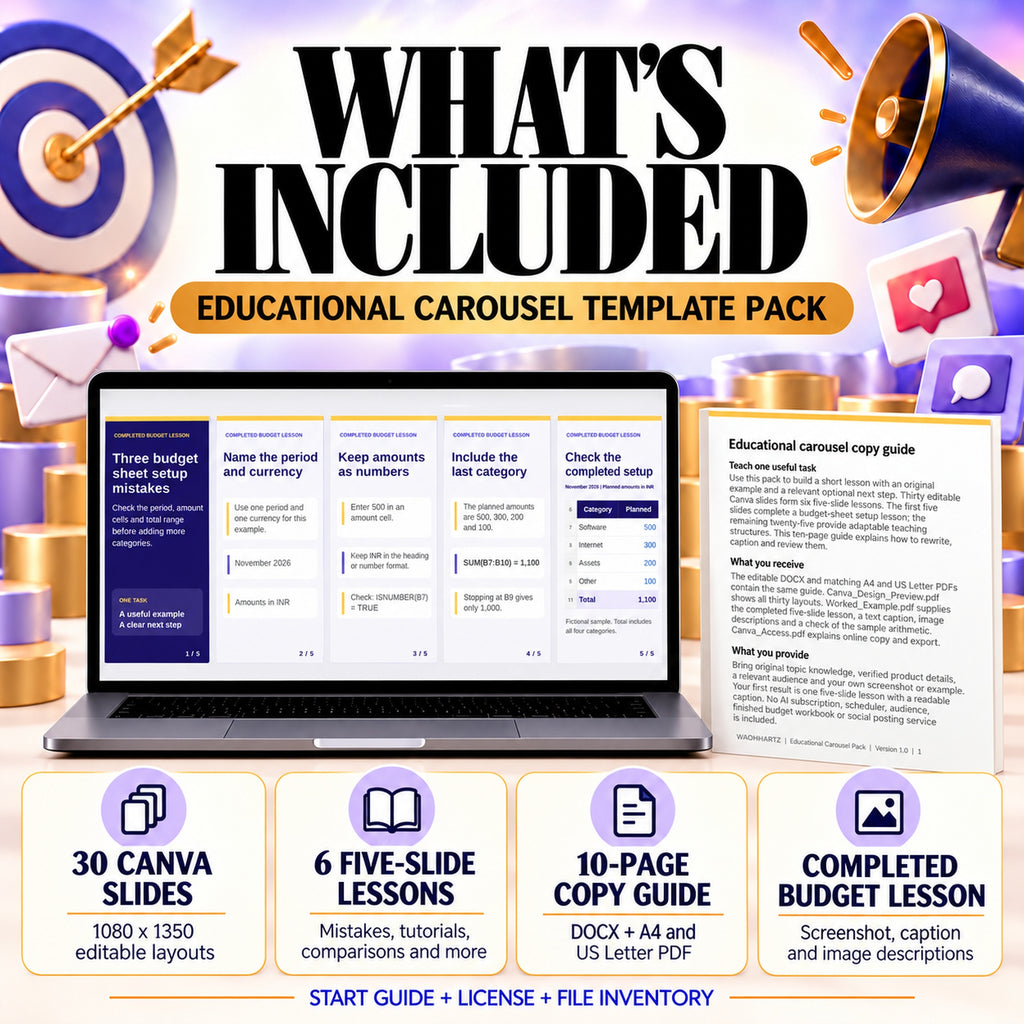 Carousel pack contents: thirty editable slides, six teaching structures, a ten-page copy guide and a completed screenshot-based budget lesson.