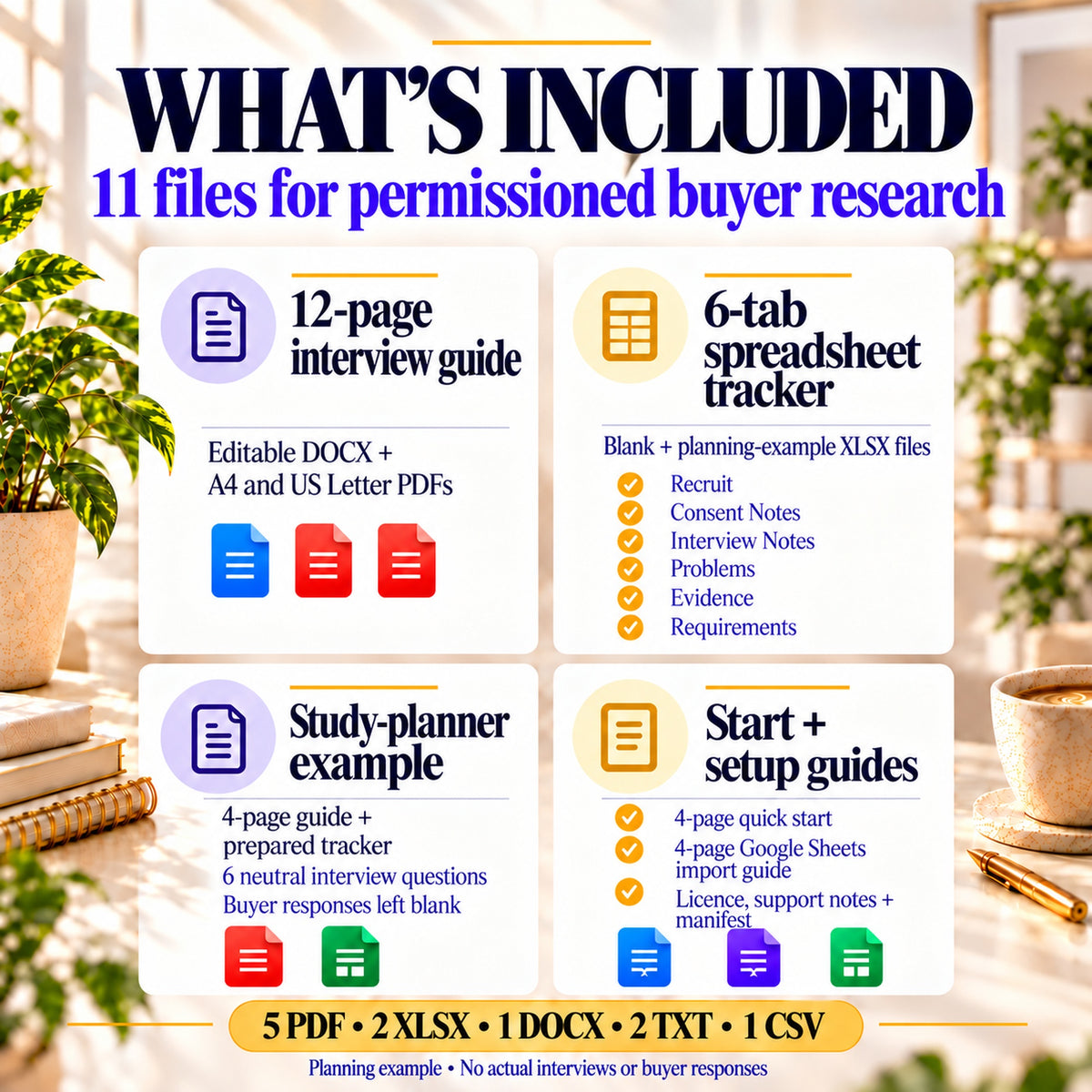 Eleven customer research files including DOCX, PDF guides, blank and planning-example XLSX trackers