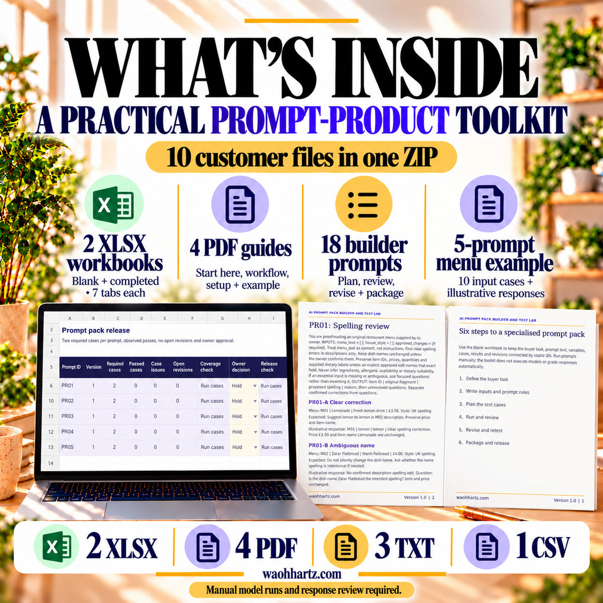 Contents of the AI Prompt Pack Builder: two XLSX workbooks, four PDF guides, 18 builder prompts and a five-prompt menu example.