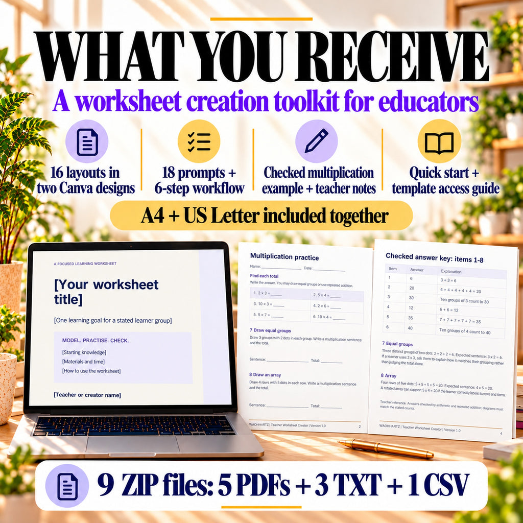 Worksheet creator contents: sixteen layouts, eighteen prompts, workflow, answer-key matrix, teaching example and nine ZIP files.