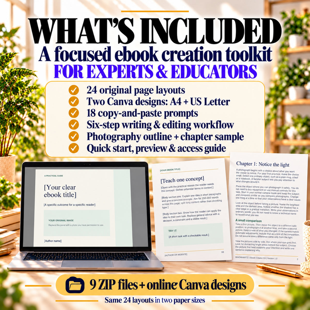 Contents of the ebook creation toolkit: 24 layouts in two Canva designs, 18 prompts, workflow, photography example and guides.