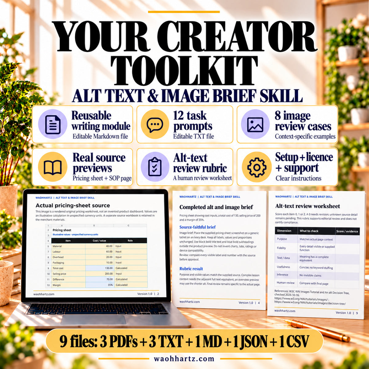 Alt Text toolkit: editable Markdown module, 12 TXT prompts, eight image review cases, real source previews, a human review rubric and setup notes. Nine files are included.