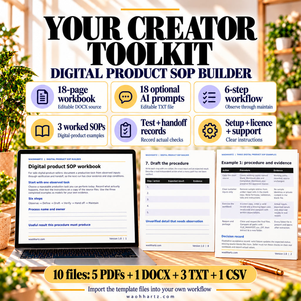 SOP Builder contents: 18-page workbook, 18 optional AI prompts, six-step workflow, three worked SOPs, test and handoff records, and setup notes; ten supplied files.