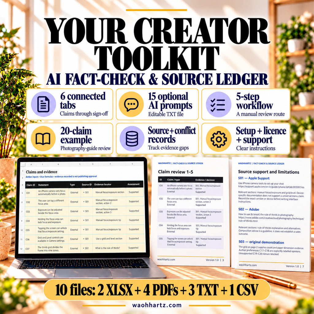 Source Ledger toolkit: six connected tabs, 15 optional AI prompts, five-step workflow, a 20-claim example, source and conflict records, and setup notes. Ten files include two XLSX workbooks.