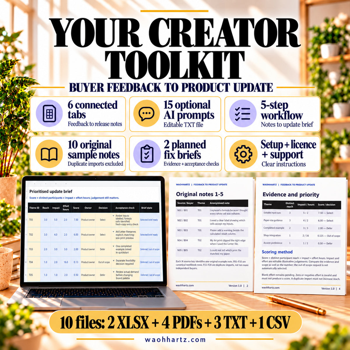 Feedback toolkit: six connected tabs, 15 optional AI prompts, five-step workflow, ten original sample notes and two planned fix briefs. Ten files include blank and completed XLSX workbooks.