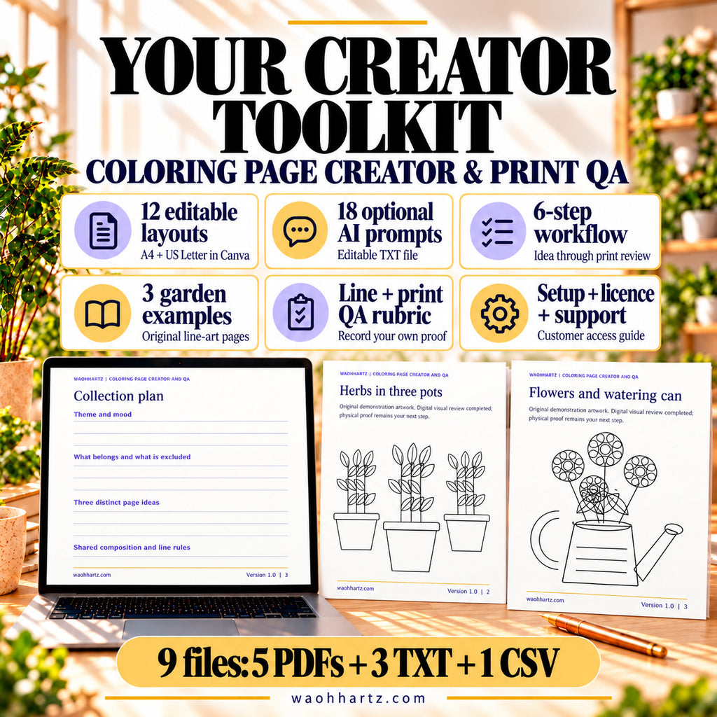 Coloring toolkit: 12 editable layouts, 18 optional AI prompts, six-step workflow, three garden examples, line and print QA rubric, and setup notes. Nine files include five PDFs.