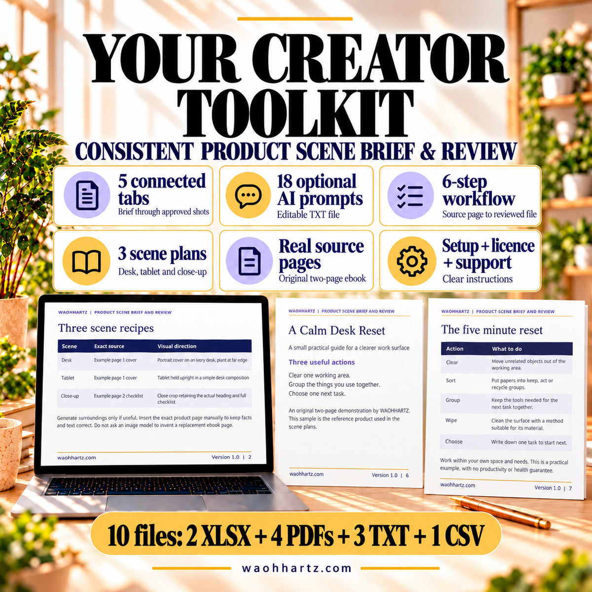 Scene Review toolkit: five connected tabs, 18 optional AI prompts, six-step workflow, three scene plans and real ebook source pages. Ten files include two XLSX workbooks and four PDFs.