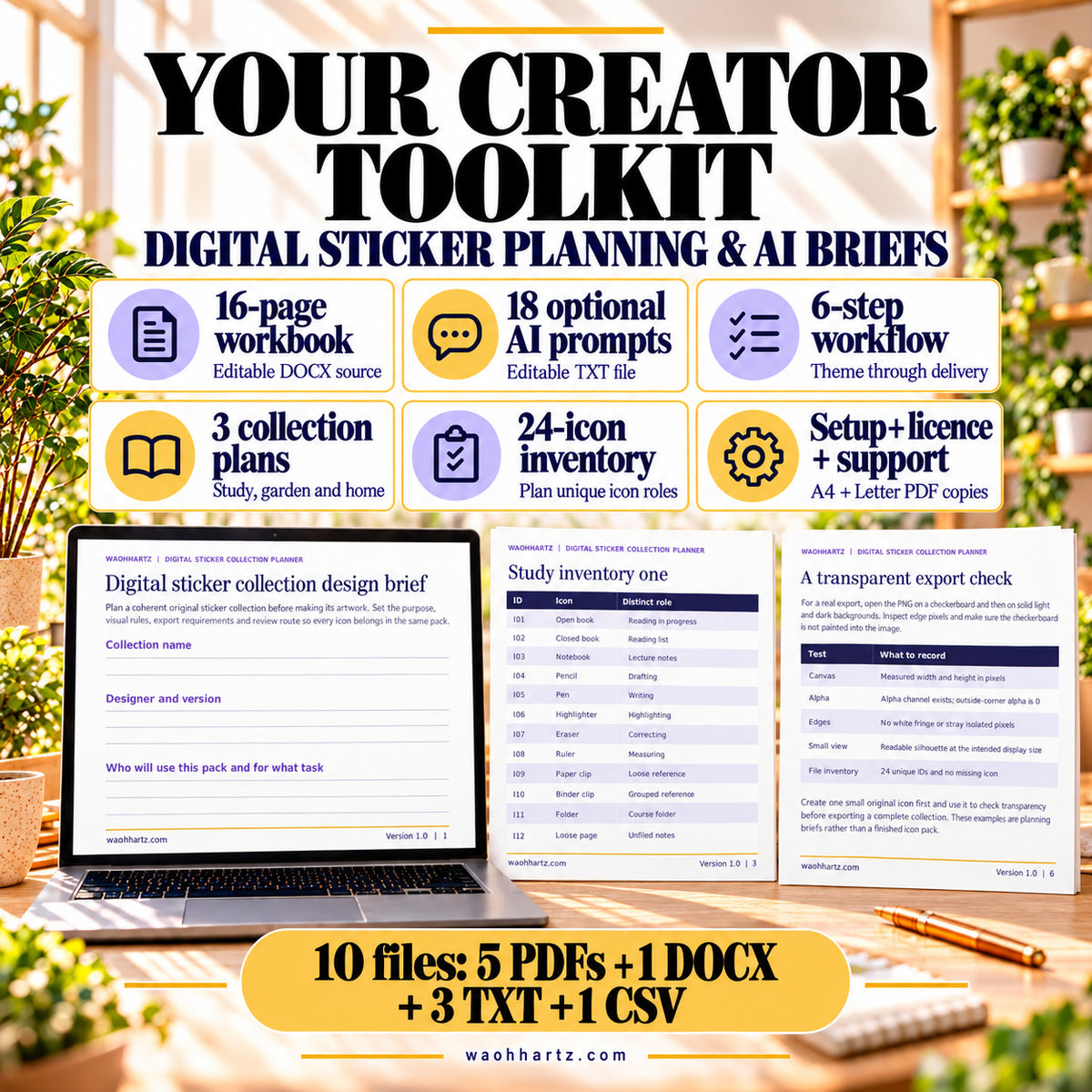Sticker toolkit contents: 16-page workbook, 18 optional AI prompts, six-step workflow, three collection plans, 24-icon planning inventory and setup notes. Ten files include DOCX and PDF copies.