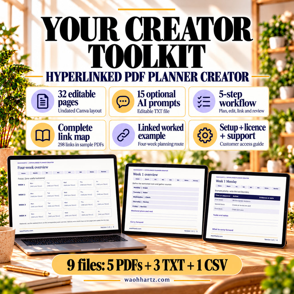 Planner toolkit: 32 editable Canva pages, 15 optional AI prompts, five-step workflow, complete link map and linked worked example. Nine files include five PDFs; sample PDFs have 298 internal links.
