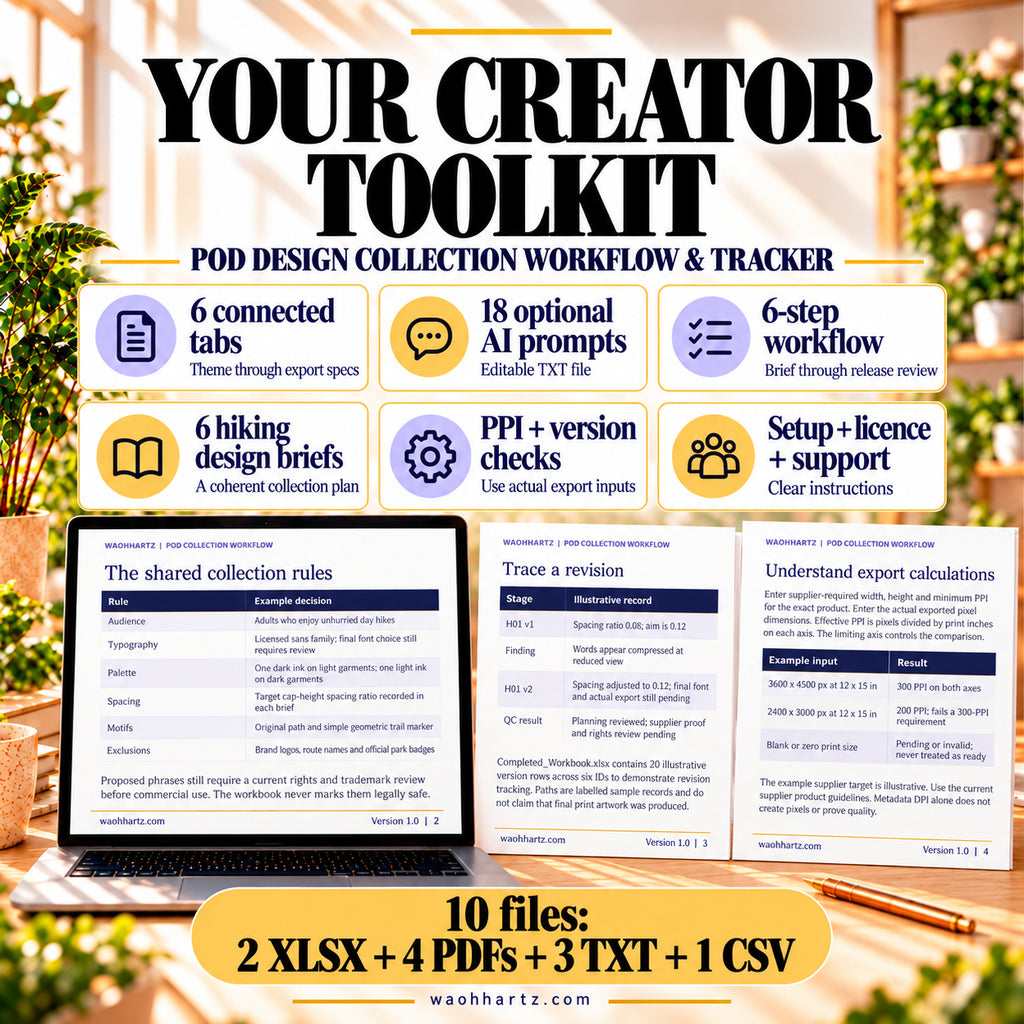 POD toolkit contents: six tabs, 18 optional AI prompts, six-step workflow, six hiking design briefs, PPI and version checks, and setup notes. Ten files include two XLSX workbooks.