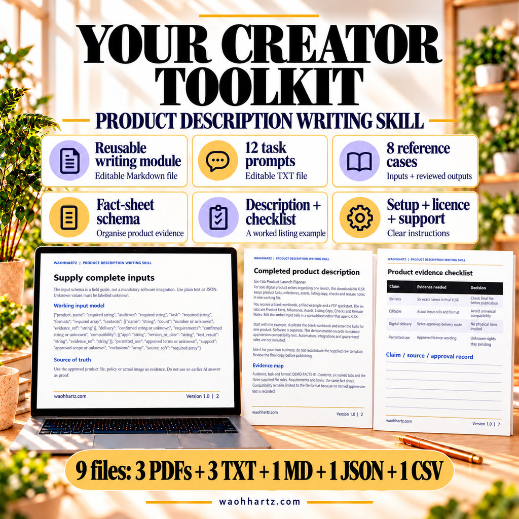 Description Writing toolkit: editable Markdown module, 12 TXT prompts, eight reference cases, fact-sheet schema, worked description and evidence checklist. Nine files are included.