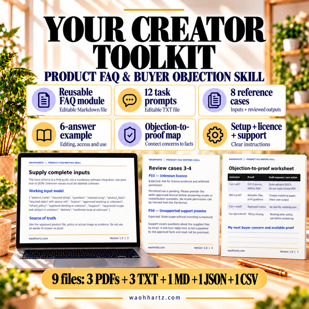 FAQ Writing toolkit: editable Markdown module, 12 task prompts, eight reference cases, six-answer example, objection-to-proof map and setup notes. Nine files include PDFs, TXT, MD, JSON and CSV.