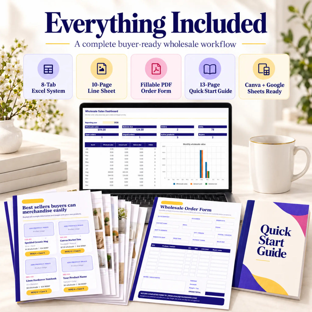 Wholesale line sheet kit contents including Excel system, editable line sheet, fillable order form and guide