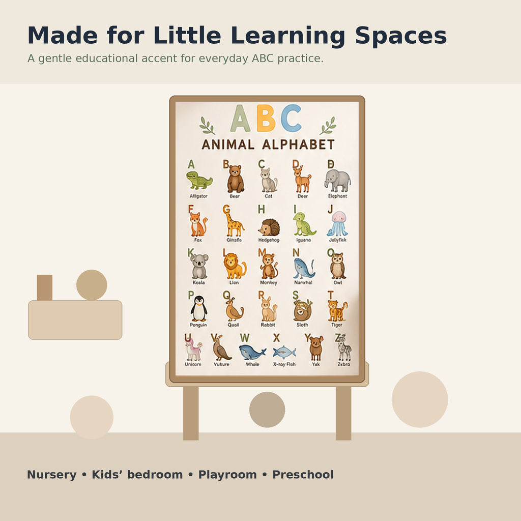 ABC Animal Alphabet Poster styled in a nursery kids room setting for nursery, kids bedroom, playroom and preschool spaces