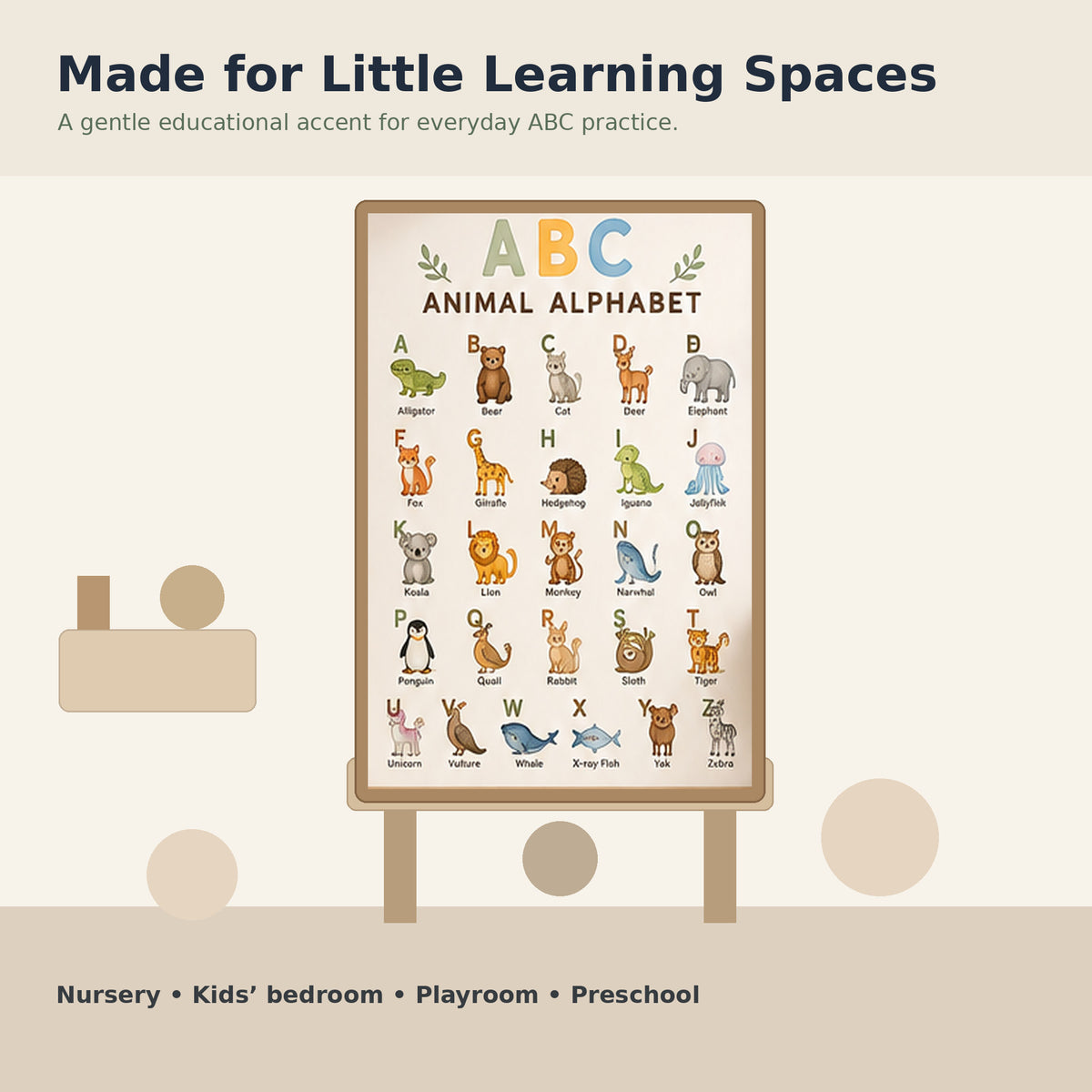 ABC Animal Alphabet Poster styled in a nursery kids room setting for nursery, kids bedroom, playroom and preschool spaces