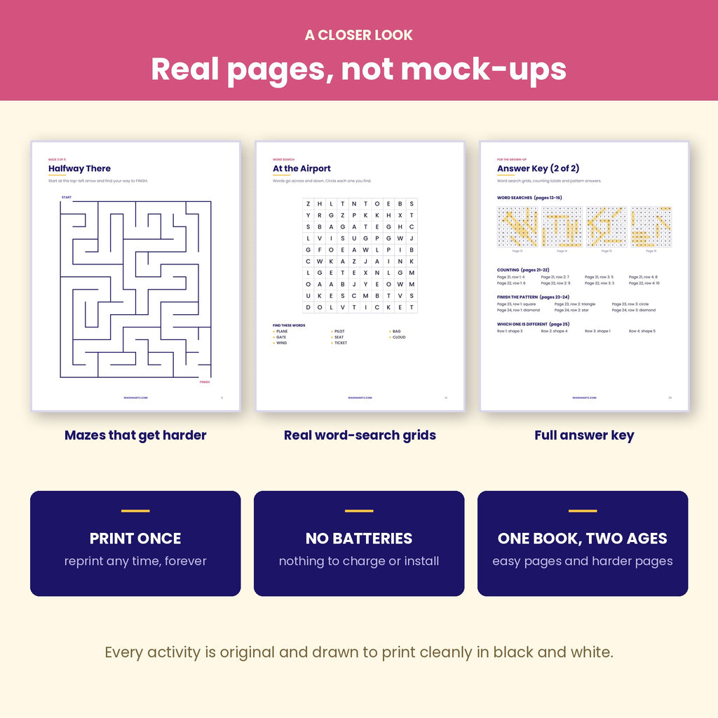 The Screen-Free Travel Activity Book | 40 Printable Pages for Kids Ages 4-8 | Instant Download PDF
