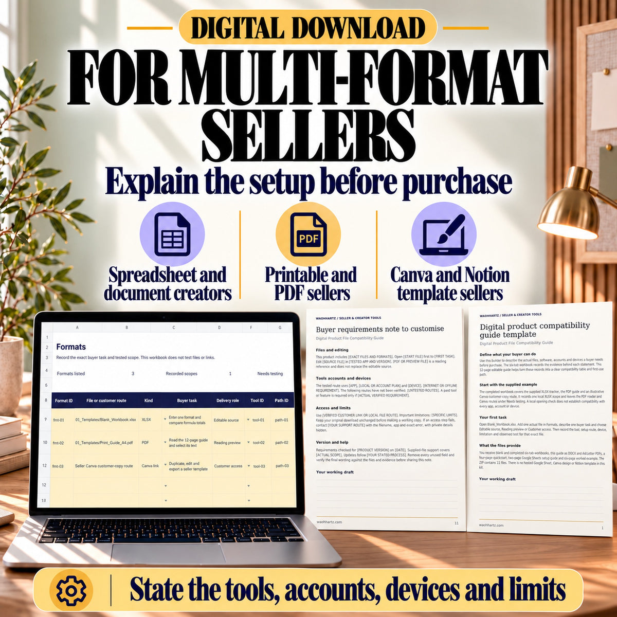 Compatibility guide tools for spreadsheet, document, printable, PDF, Canva and Notion template sellers with actual Formats and buyer-note previews.