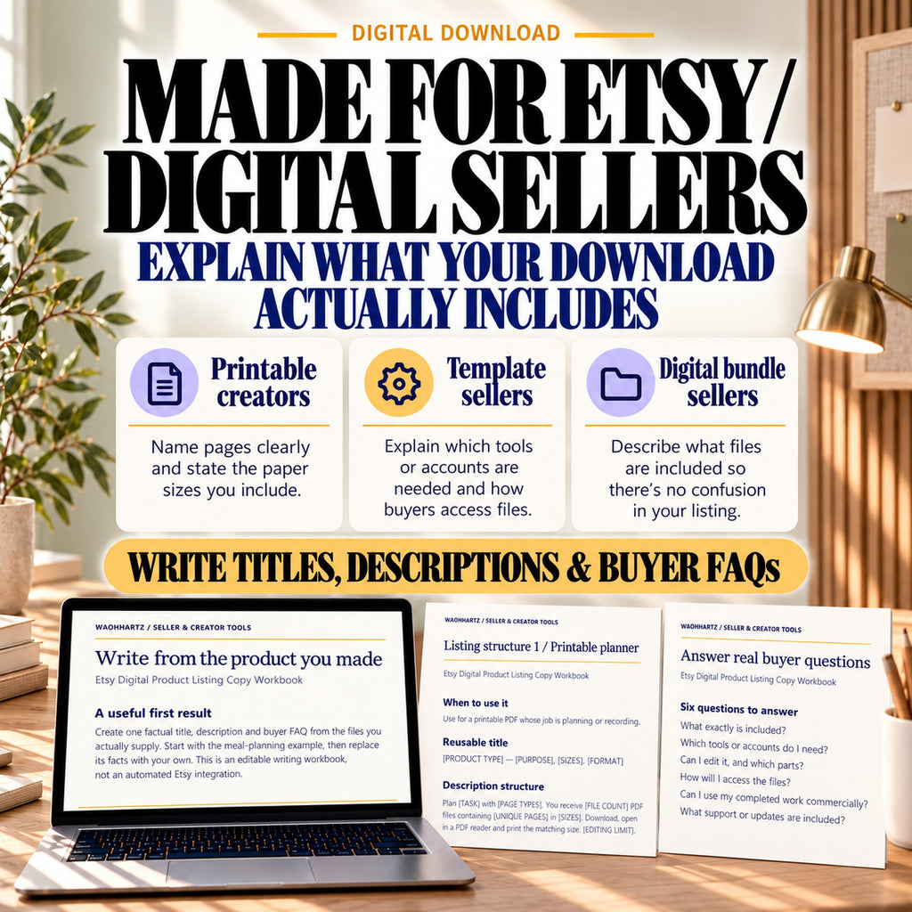 Listing copy workbook for printable creators, template sellers and digital bundle sellers, with title and FAQ examples.