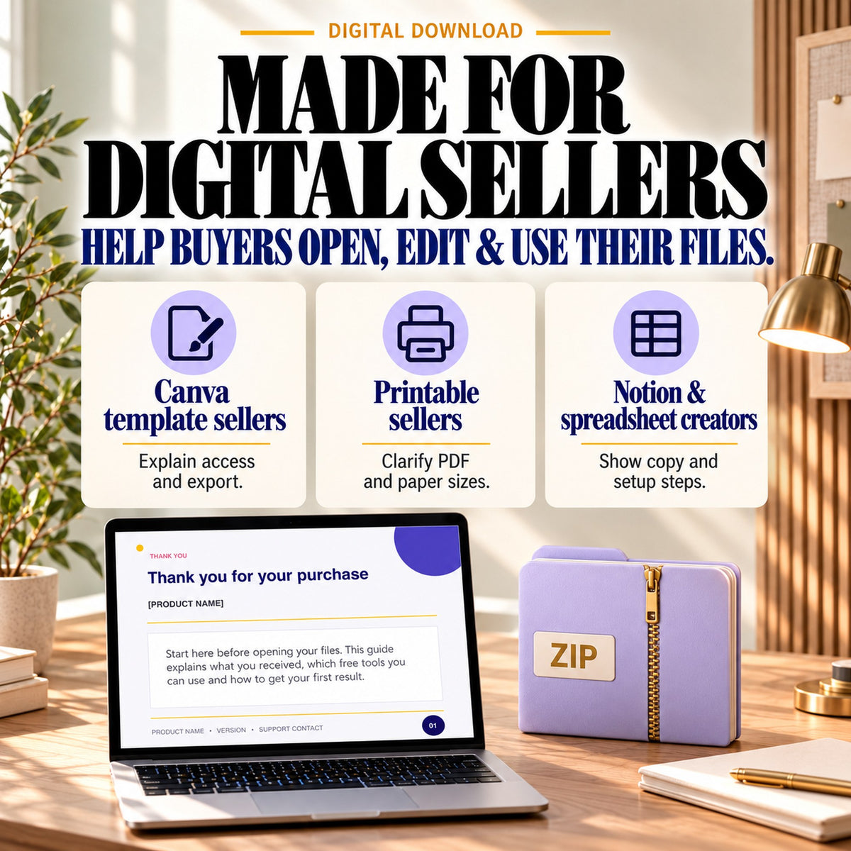 Buyer instruction guide kit for Canva template sellers, printable creators, and Notion or spreadsheet sellers.