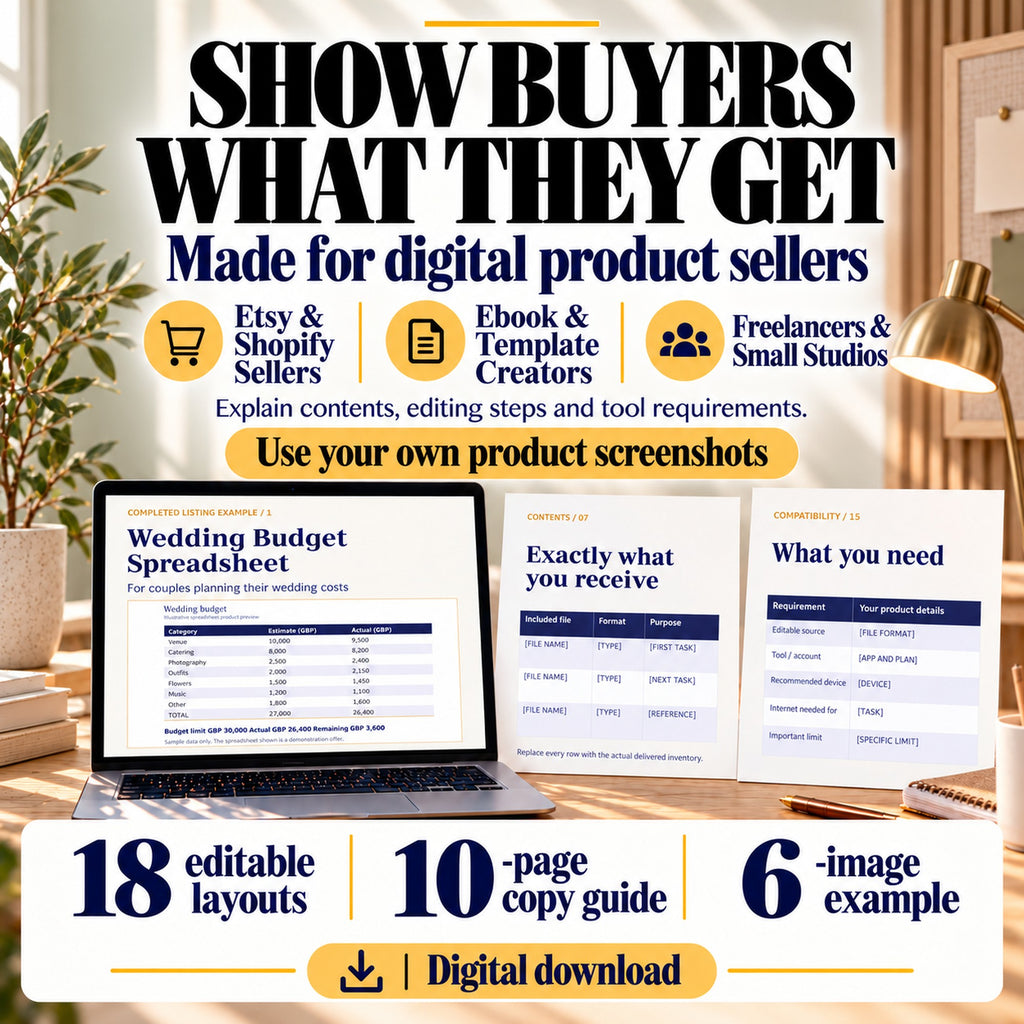 Listing preview templates for Etsy and Shopify sellers, ebook and template creators, freelancers and small studios, with actual buyer-clarity pages shown.