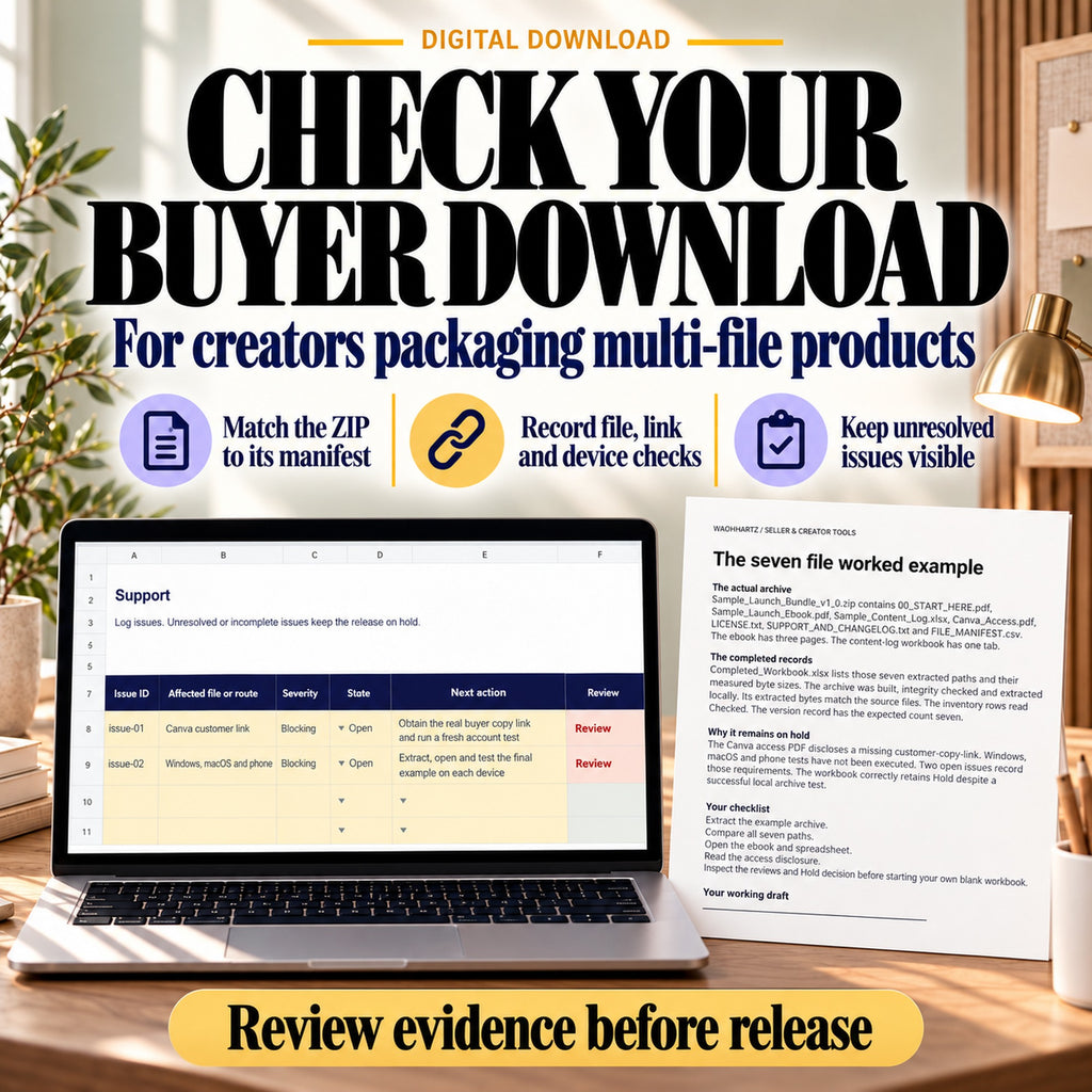 Digital download packaging tools for ebook, spreadsheet and multi-file product creators with actual inventory and guide previews.