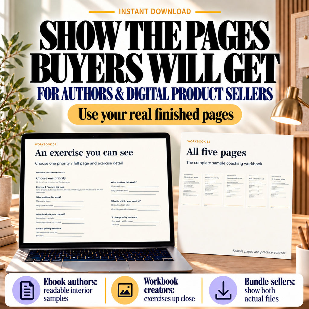 Page preview layouts for ebook authors, workbook creators and bundle sellers, showing an exercise and five actual workbook pages.