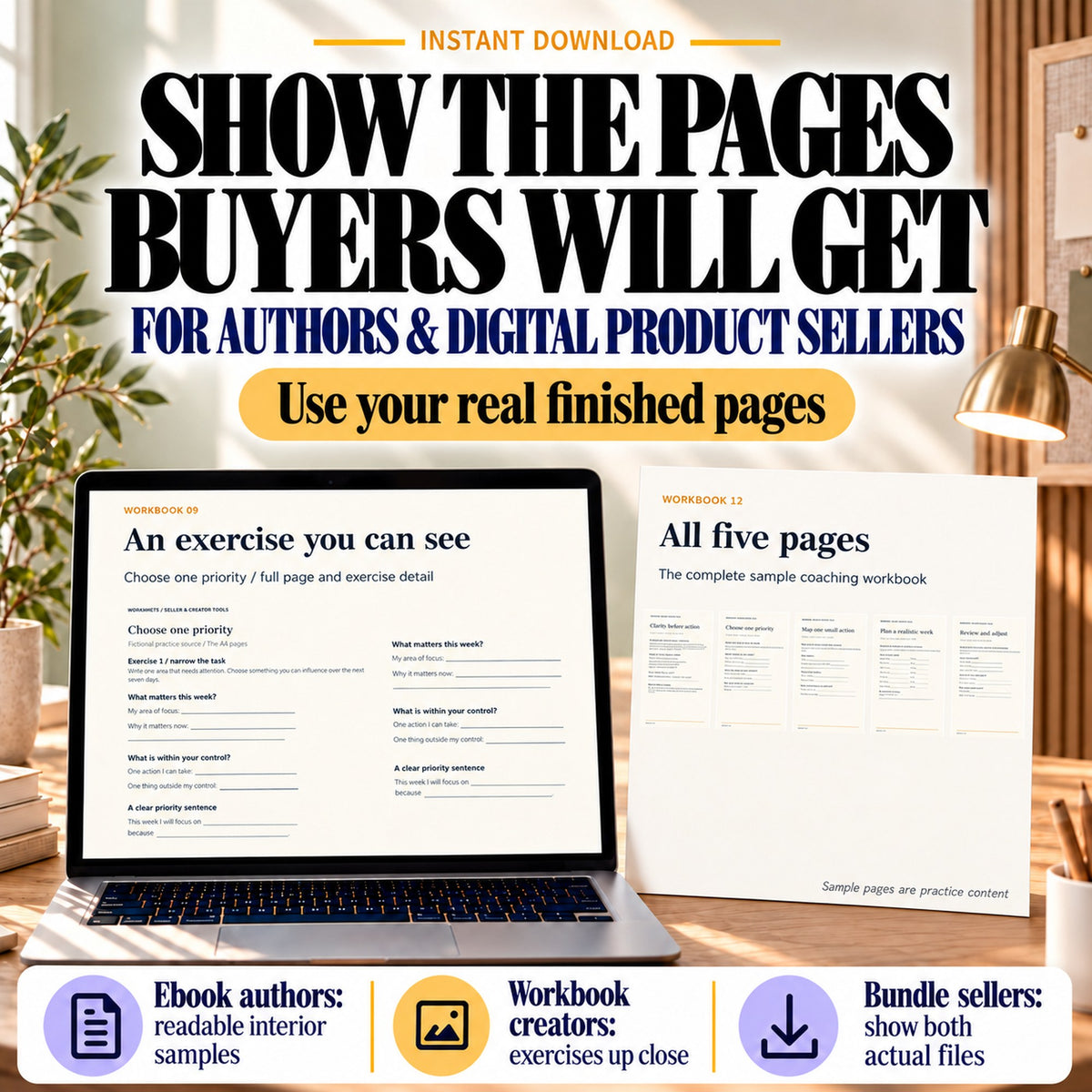 Page preview layouts for ebook authors, workbook creators and bundle sellers, showing an exercise and five actual workbook pages.