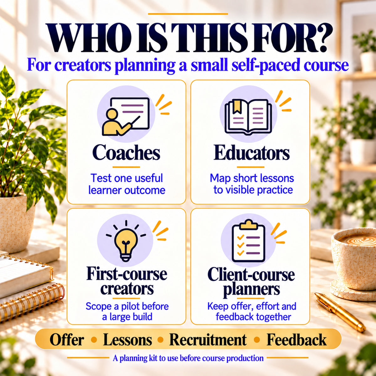 Course pilot planner for coaches, educators, first-course creators and client-course planners