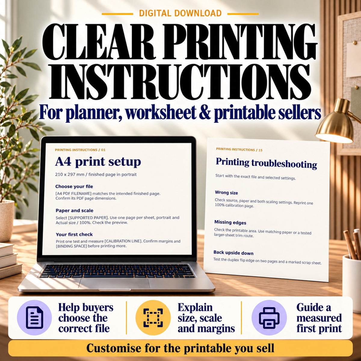 Printing guidance for planner, worksheet and printable sellers showing file-choice and troubleshooting card previews.