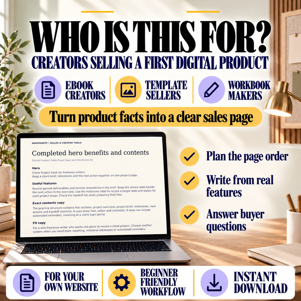 Sales page workbook for ebook creators, template sellers and workbook makers, shown with a completed copy example.