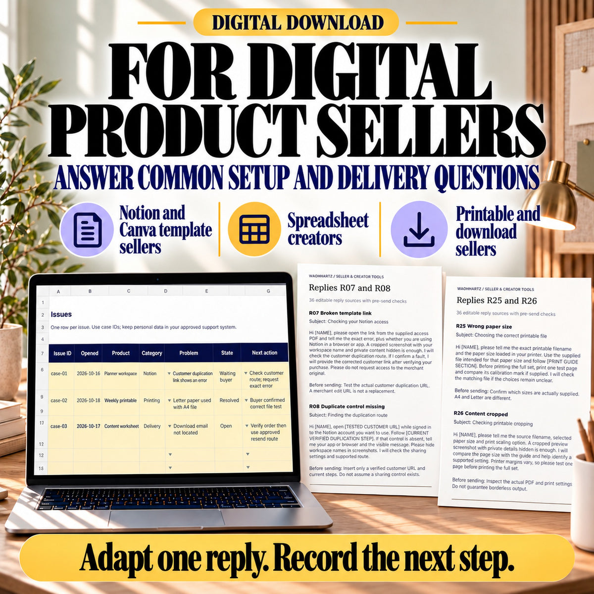 Customer support templates for Notion, Canva, spreadsheet, printable and download sellers with actual access and paper-size reply previews.