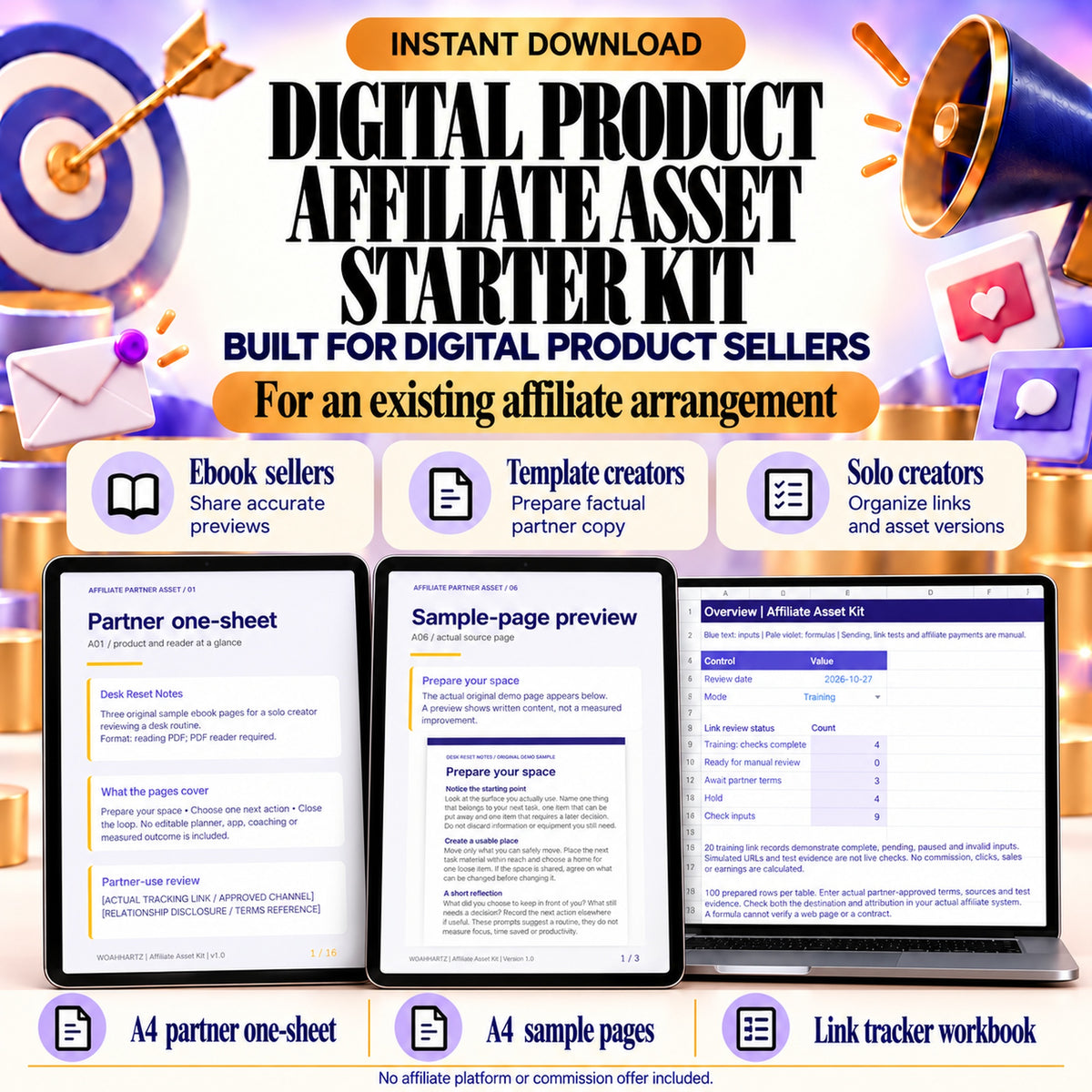 Affiliate asset toolkit for ebook sellers, template creators and solo digital-product sellers with existing affiliates