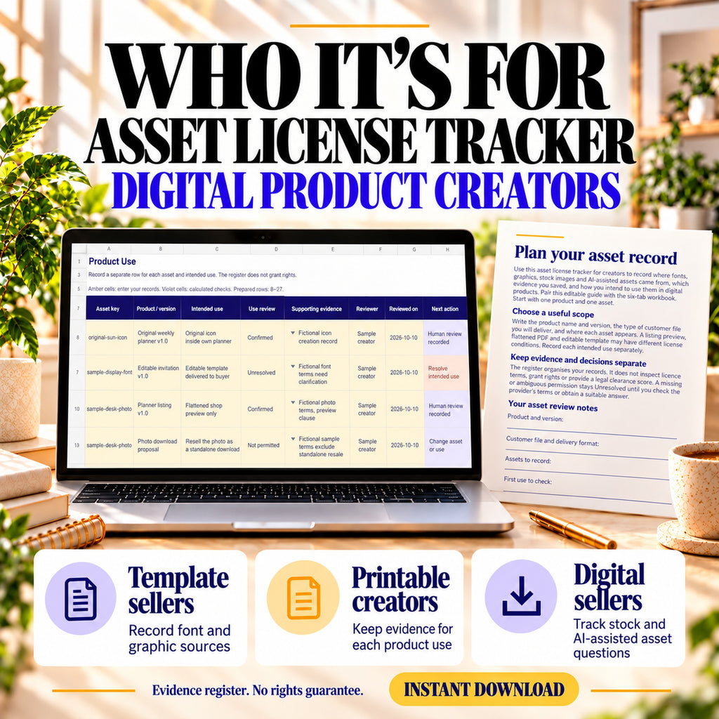 Asset source and licence register for template sellers, printable creators and digital sellers