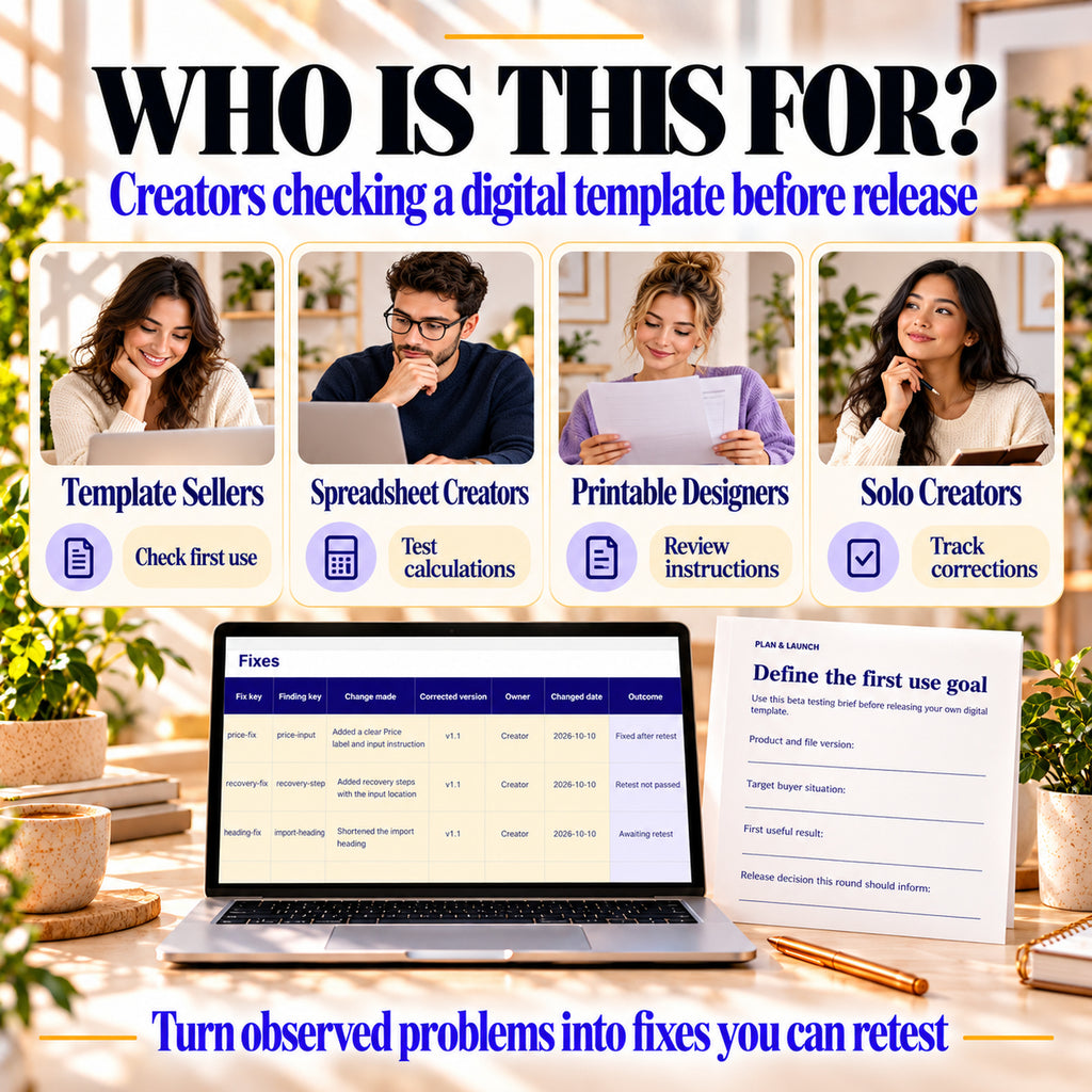 Beta testing and feedback kit for template sellers, spreadsheet creators, printable designers and solo creators