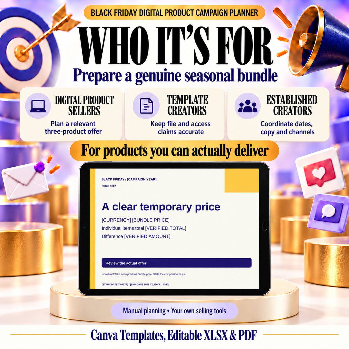 Black Friday campaign planner for established digital product sellers and template creators preparing a genuine bundle.