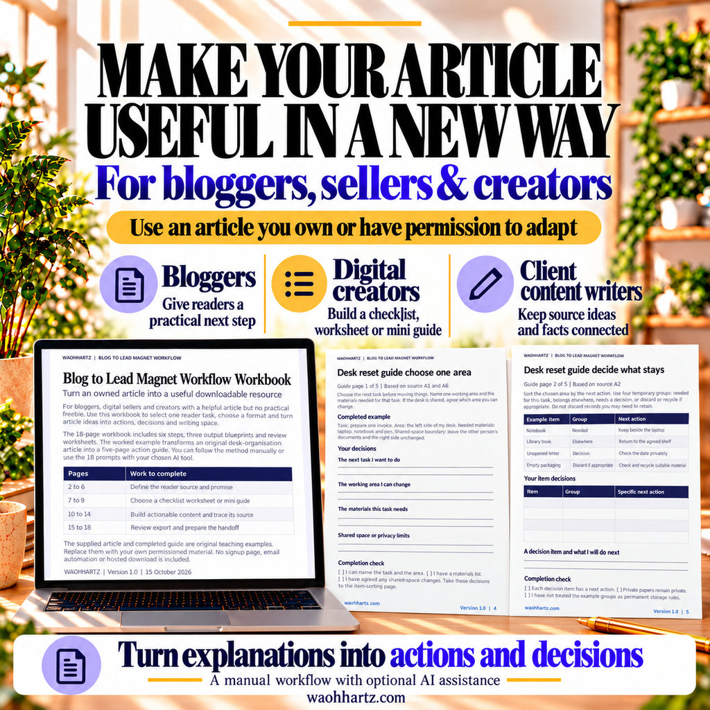Blog to Lead Magnet workflow for bloggers, digital creators and client content writers, with actual workbook and guide previews.