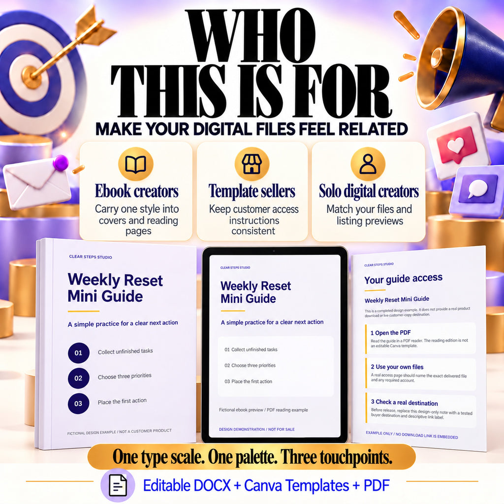 Brand consistency module for ebook creators, template sellers and solo digital creators, showing one style across three touchpoints.