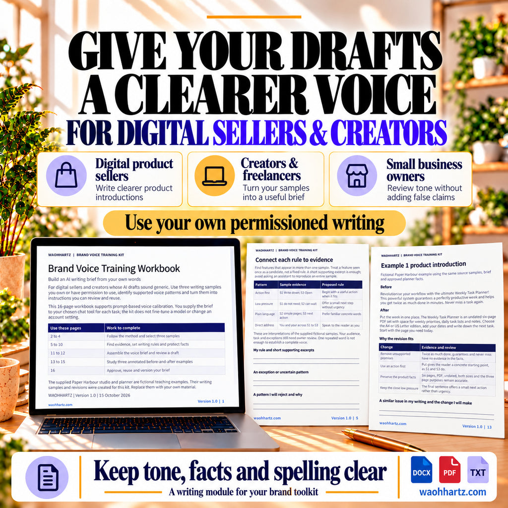 Brand Voice Training Kit for digital sellers, creators and small business owners, with writing workbook and example previews.