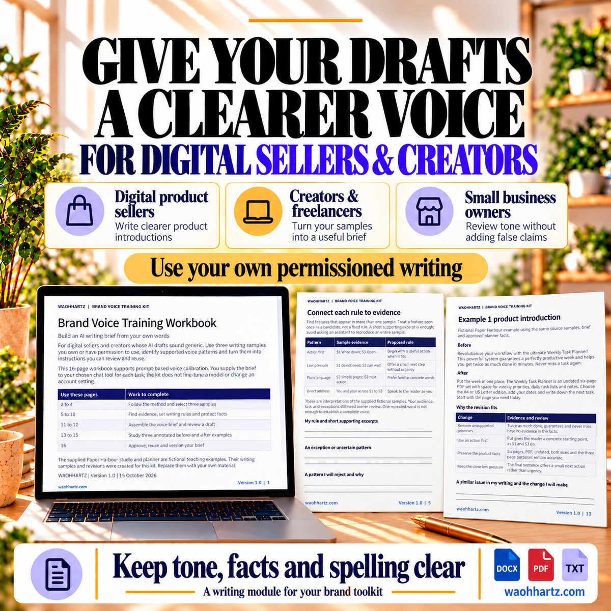 Brand Voice Training Kit for digital sellers, creators and small business owners, with writing workbook and example previews.