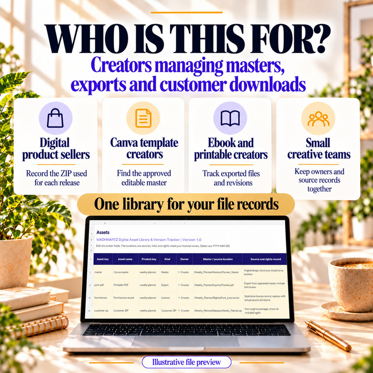 Asset tracker for digital product sellers, Canva template creators, ebook creators and creative teams