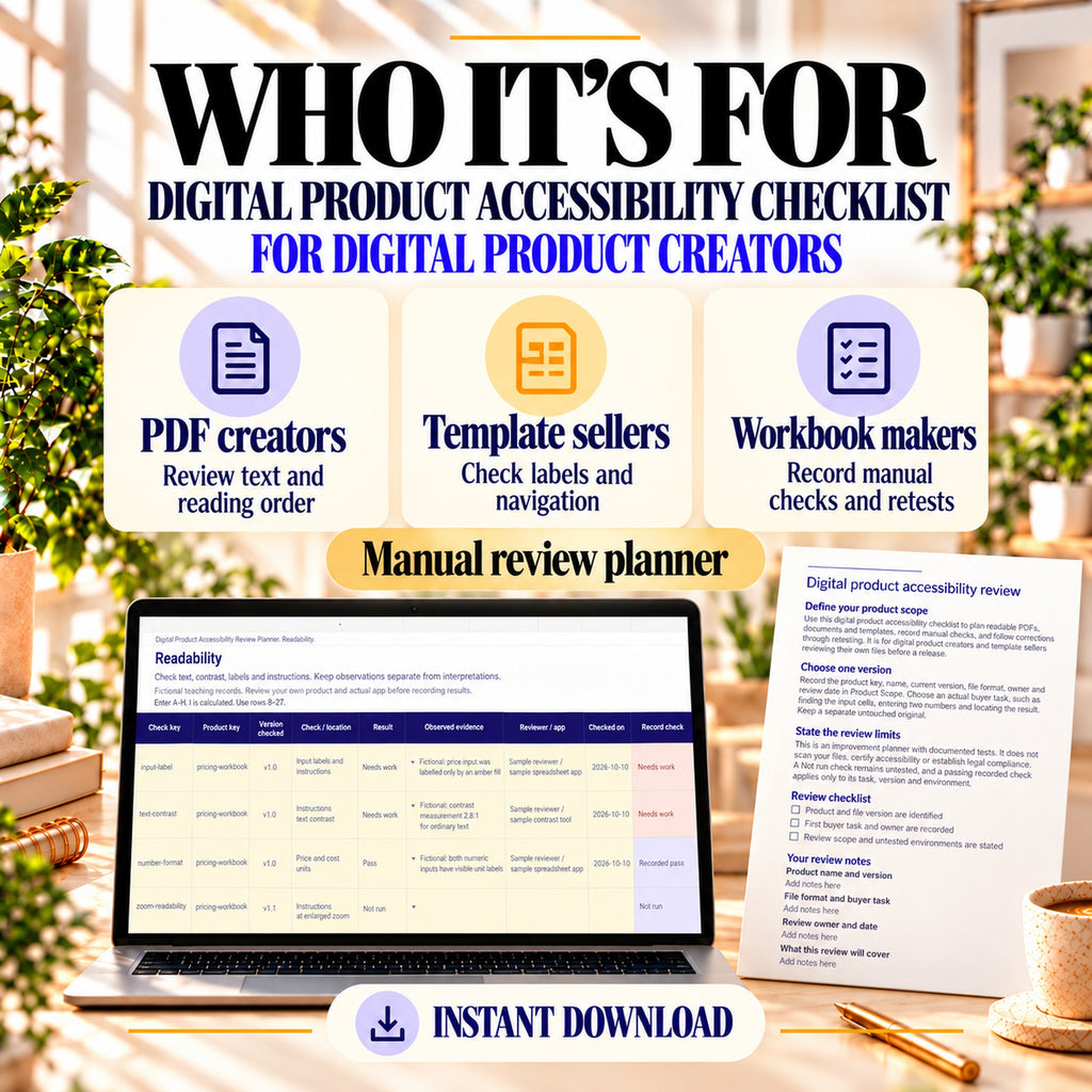 For PDF creators reviewing text and reading order, template sellers checking labels and navigation, and workbook makers recording manual checks and retests. Digital product accessibility checklist and manual review planner.